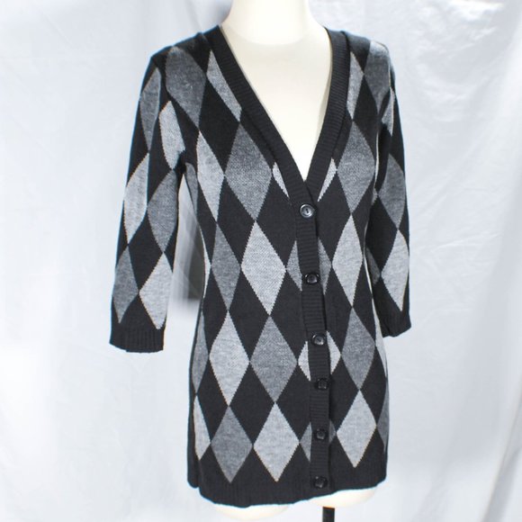 Y2K 2000s Harlequin Patterned Black Gray Hue Button Cardigan Lorelei Gilmore - Picture 3 of 7
